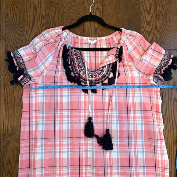 Crown & Ivy Dress Sz 14 Pink Blue White Plaid Tassel Short Sleeve Beach Casual - Picture 9 of 12